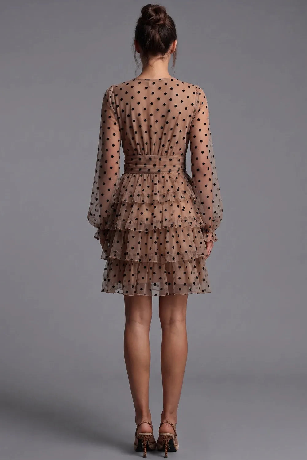Beige Sheer Mesh Fit-and-Flare Tiered Dress Flowering Girl