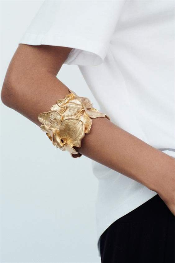 3D Textured Floral Wide Open Cuff Gold Bangle Flowering Girl