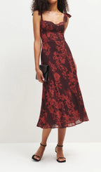 Floral Print Bowknot Strap Midi Dress In Burgundy Flowering Girl