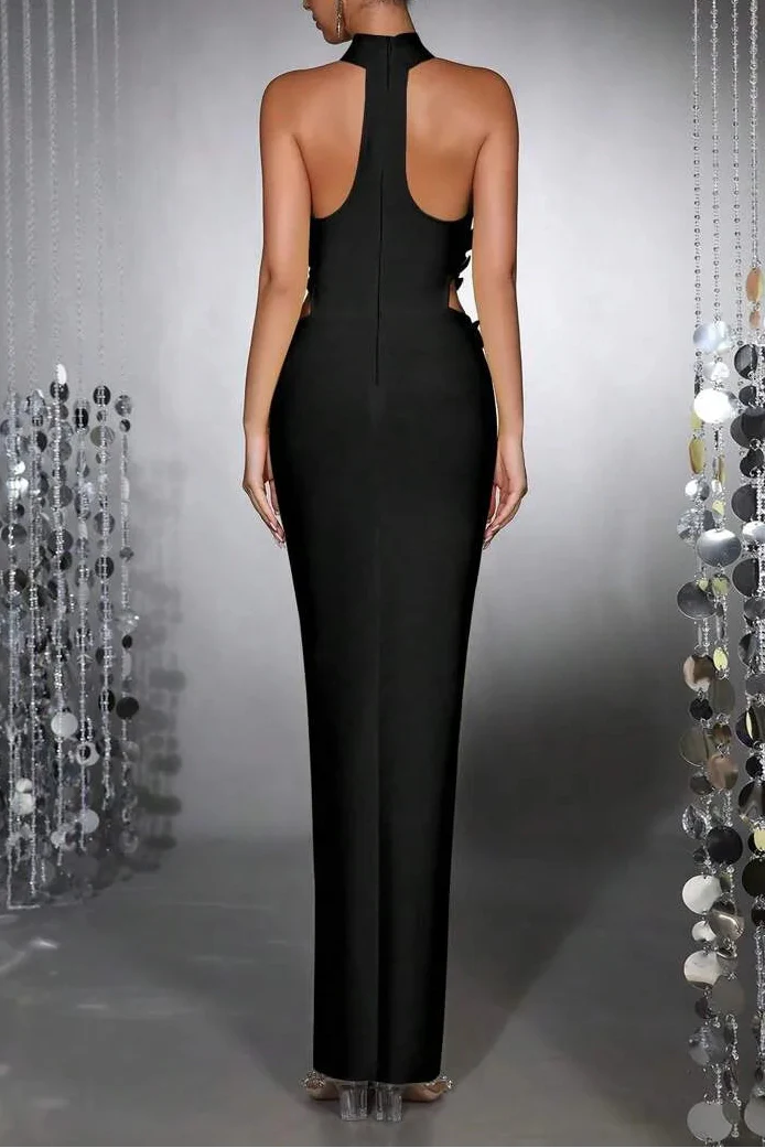 Celeste 3d Flower Halter High Slit Backless Maxi Dress In Black Flowering Girl