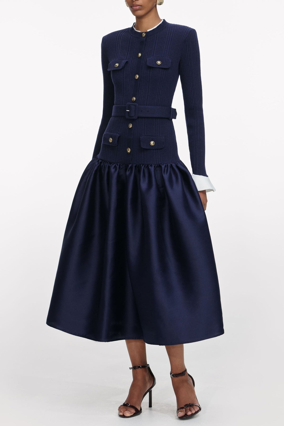 Jane Navy Knit Taffeta Midi Dress Flowering Girl