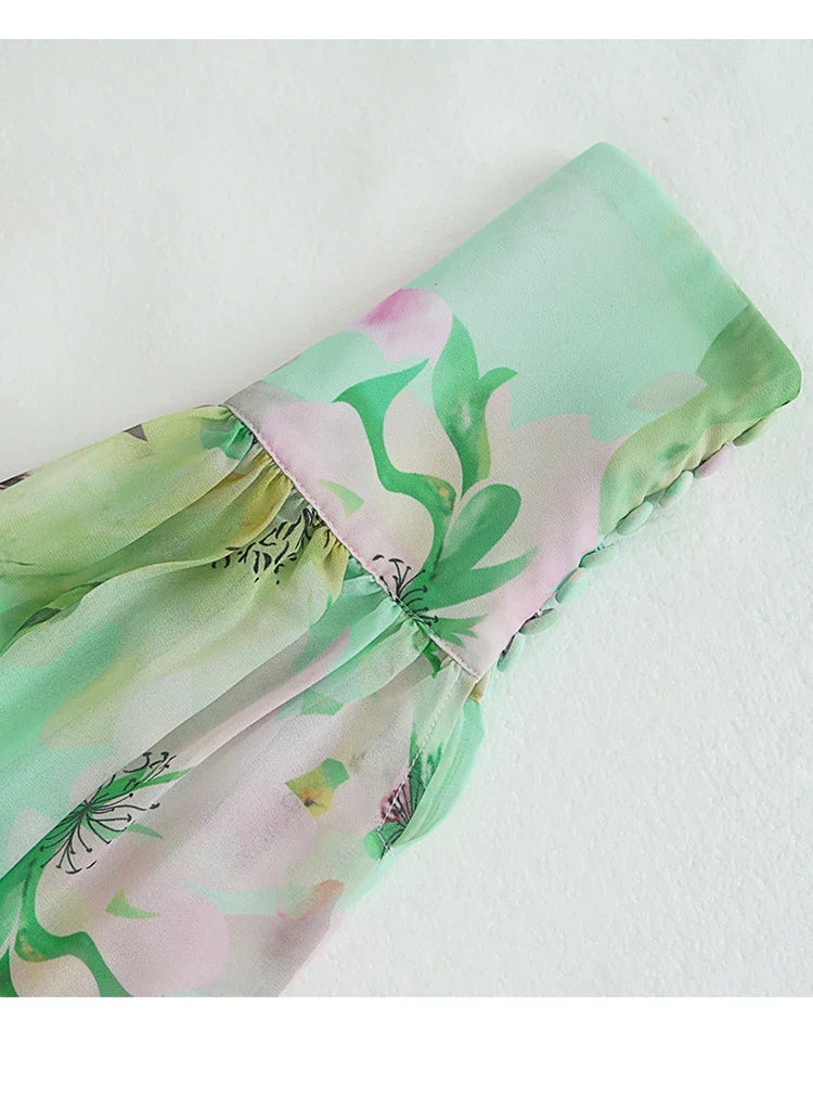 V Neck Floral Print Chiffon Maxi Dress In Green Flowering Girl