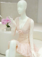Eileen Long-Sleeve v-Neck Lace A-Line Mini Dress In Pink Flowering Girl