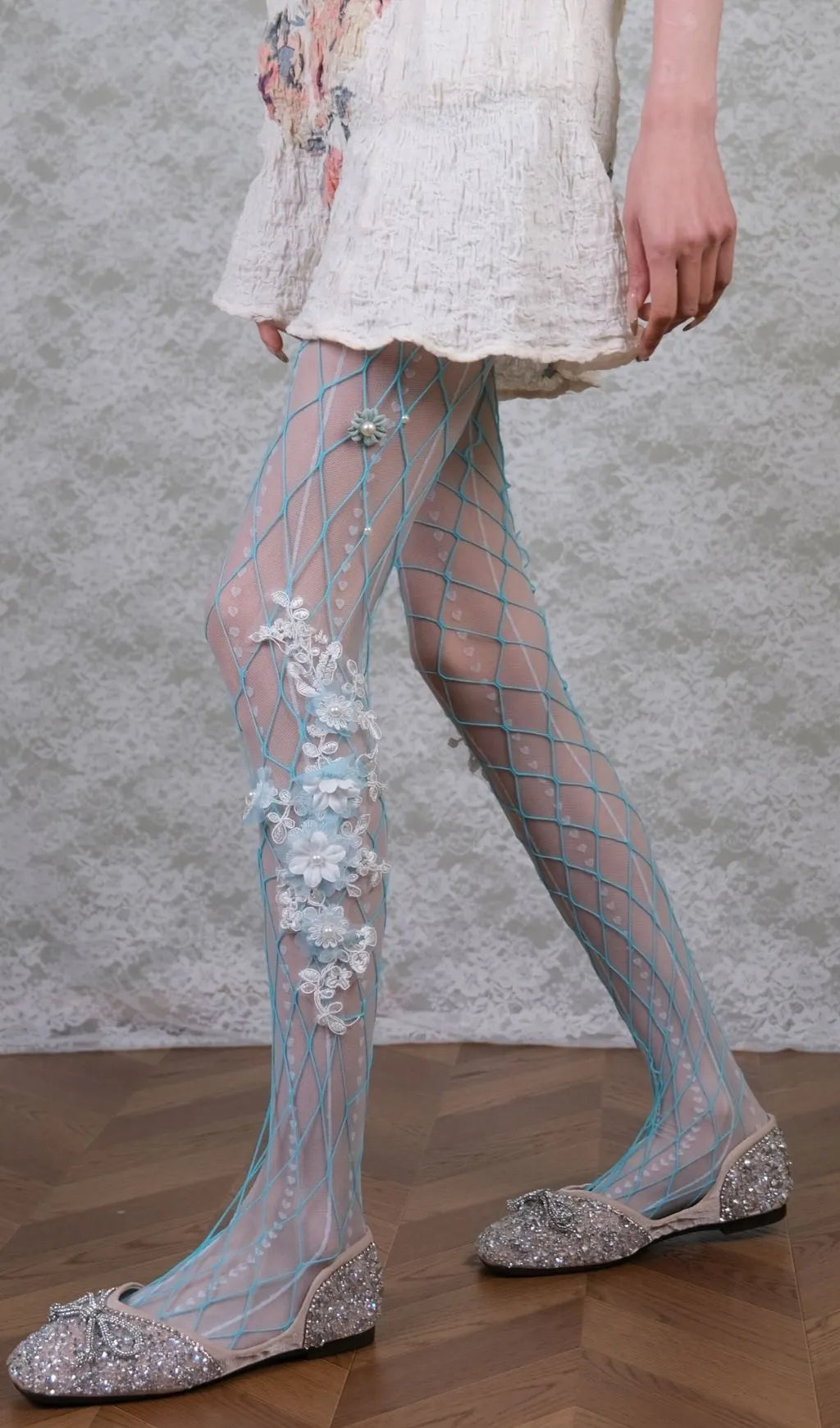 White Tights & Blue Floral Tights Set Flowering Girl
