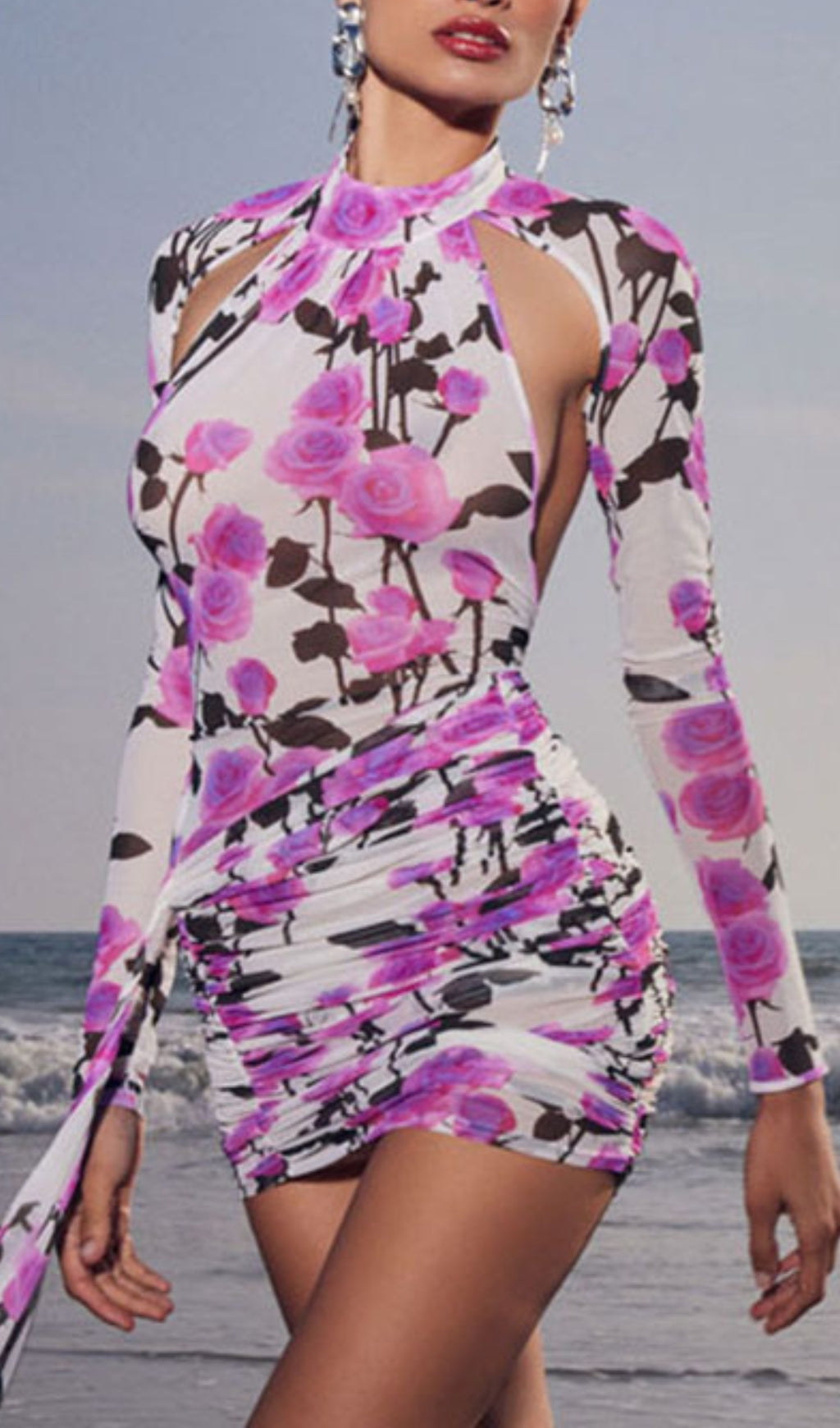 Brisa Rose Ruched Long Sleeve Mini Dress Flowering Girl