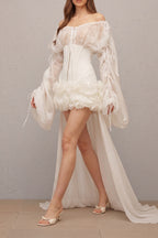Off Shoulder Sheer Sleeve Corset Ruffle High Low Mini Dress Flowering Girl