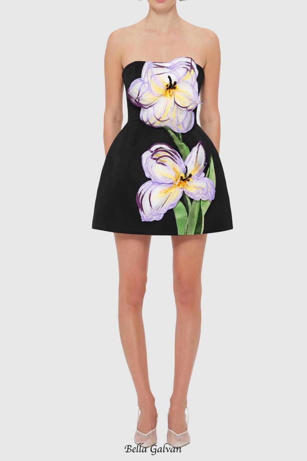 Rosario Appliqué Floral Bustier Mini Dress in black Flowering Girl