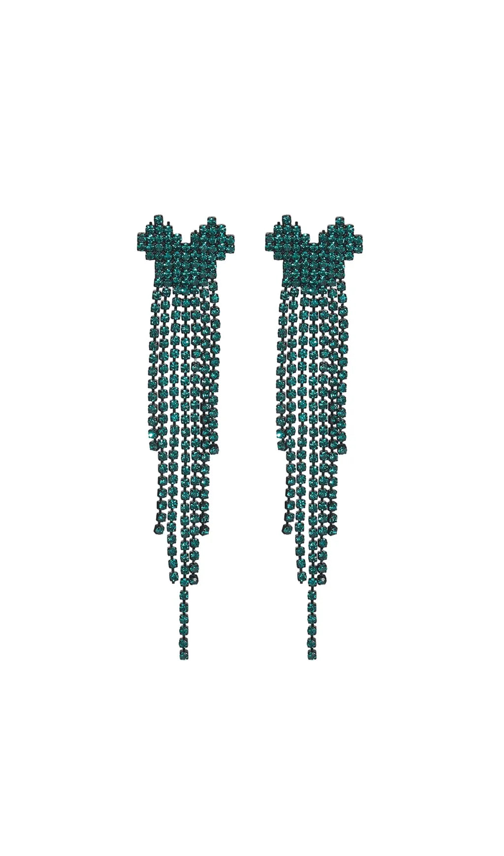 Dahlia Green Rhinestone Heart Tassel Earrings Flowering Girl