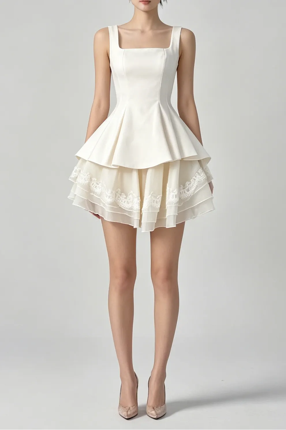 White Square Neck Corset Layer Lace Mini Dress Flowering Girl