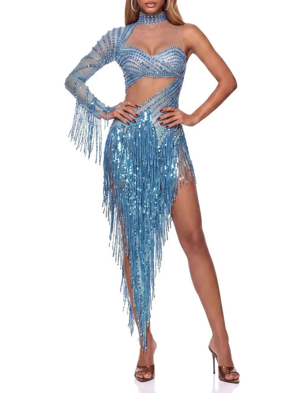 Solvian One Shoulder Rhinestone Fringe Bodysuit Flowering Girl