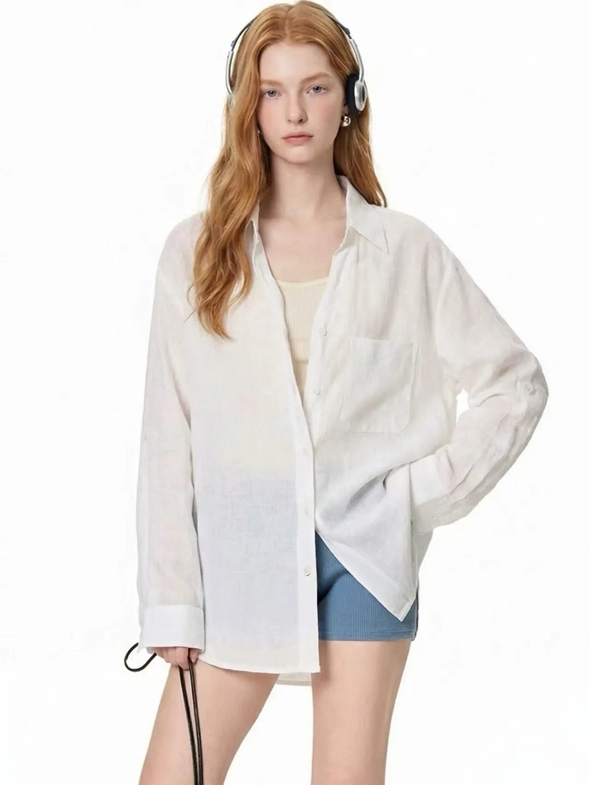 Lazy Style White Linen Shirt Flowering Girl