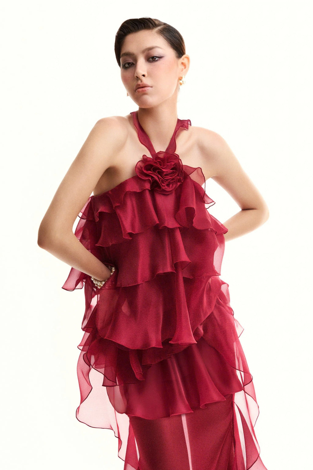 Bedelia Floral Halter Chiffon Ruffle Midi Dress Flowering Girl