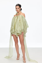 Alisa Ruffle Lace Up Fringe Mini Dress In Green Flowering Girl