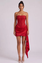 Red Strapless Corset Mini Dress with Asymmetrical Drape Flowering Girl