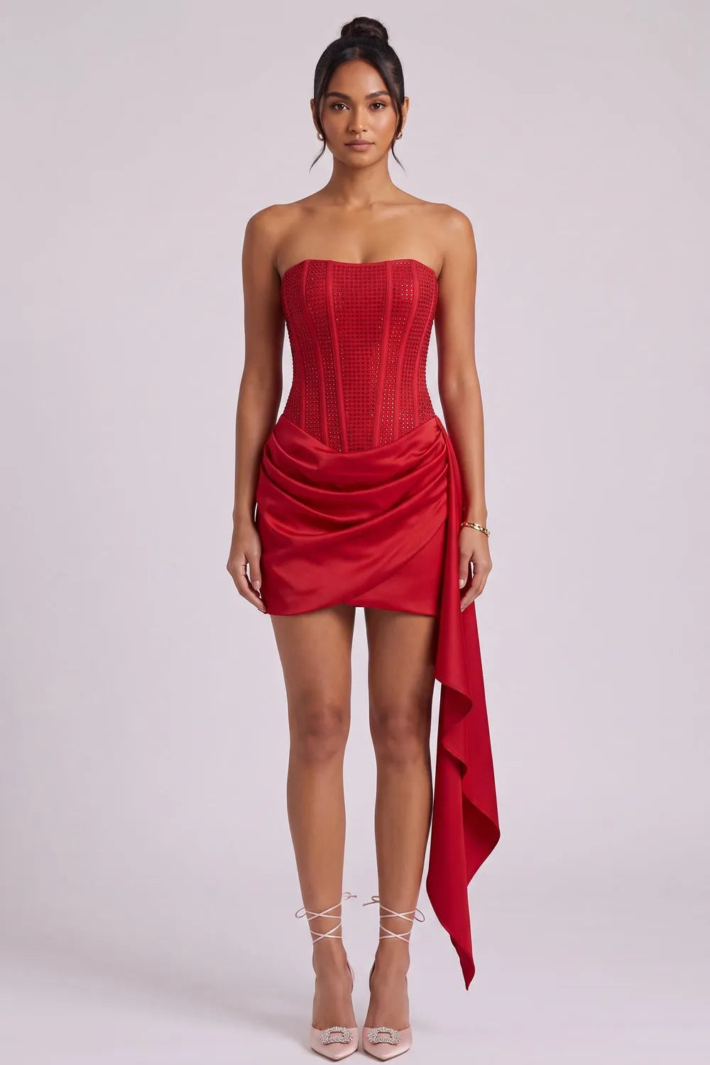Red Strapless Corset Mini Dress with Asymmetrical Drape Flowering Girl