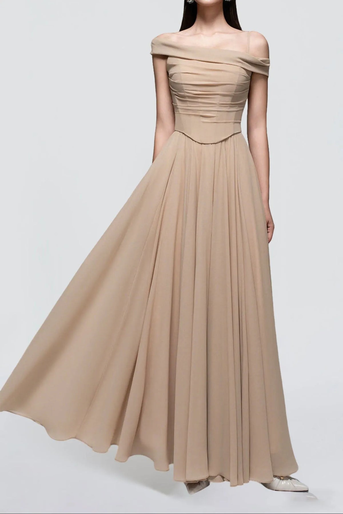 A-Line Draped Chiffon Maxi Dress In Nude Flowering Girl