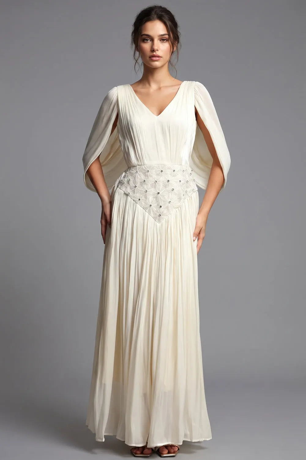 Cream Chiffon A-Line Gown with Cape Sleeves Flowering Girl
