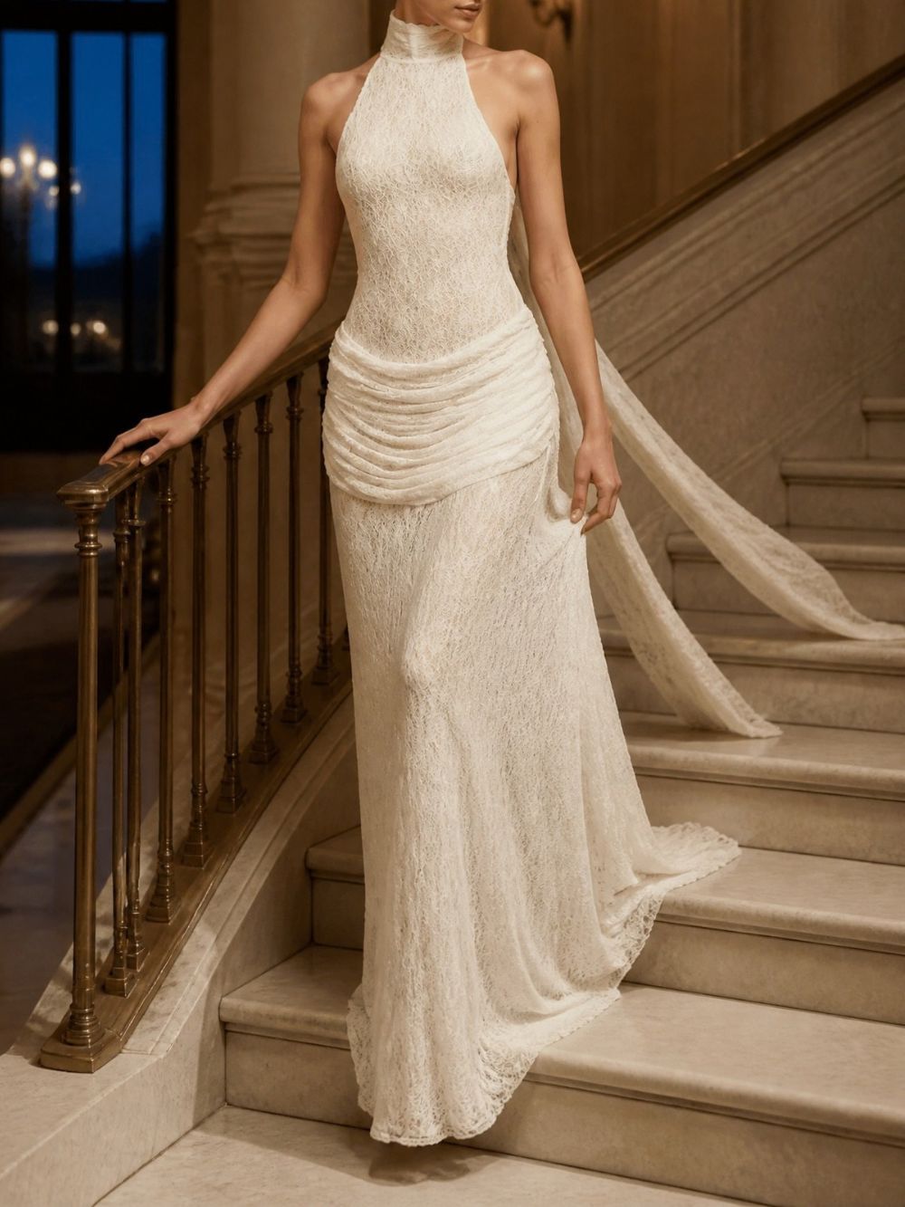 Mirna White Halter Lace Maxi Dress Flowering Girl
