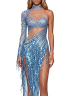 Solvian One Shoulder Rhinestone Fringe Bodysuit Flowering Girl