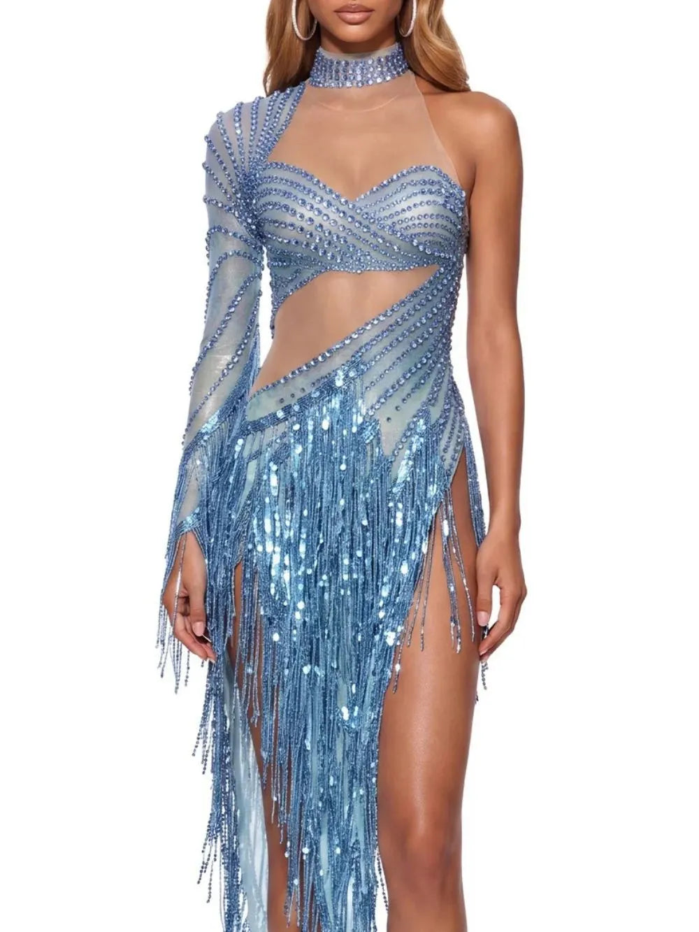 Solvian One Shoulder Rhinestone Fringe Bodysuit Flowering Girl