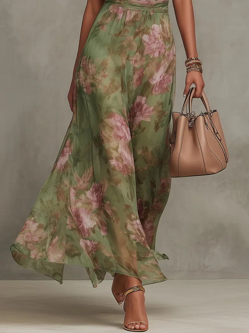 Polly Green Floral Chiffon Halter Maxi Dress Flowering Girl