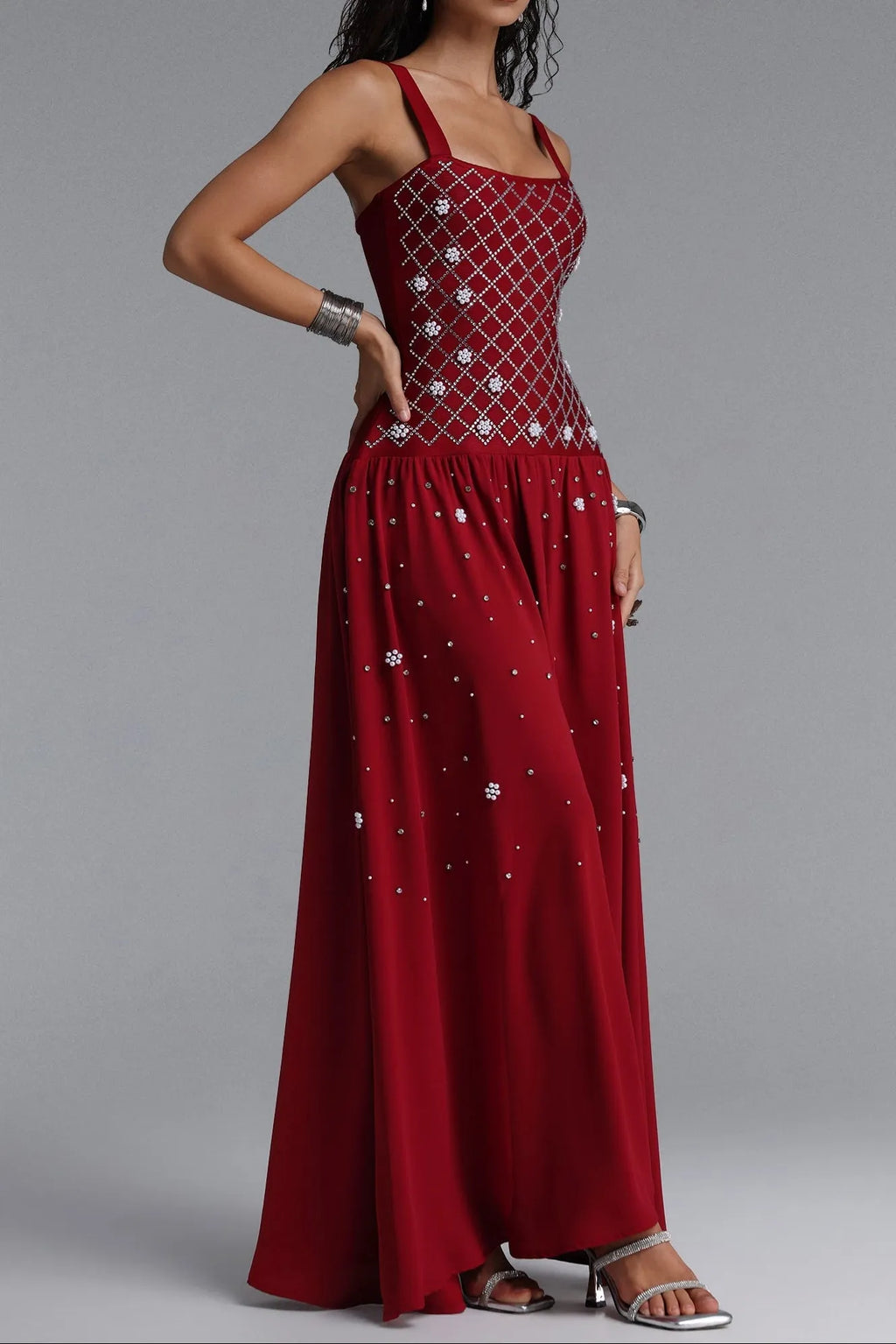 Square Strap Grid Rhinestone Pearl Flowy Maxi Dress Flowering Girl
