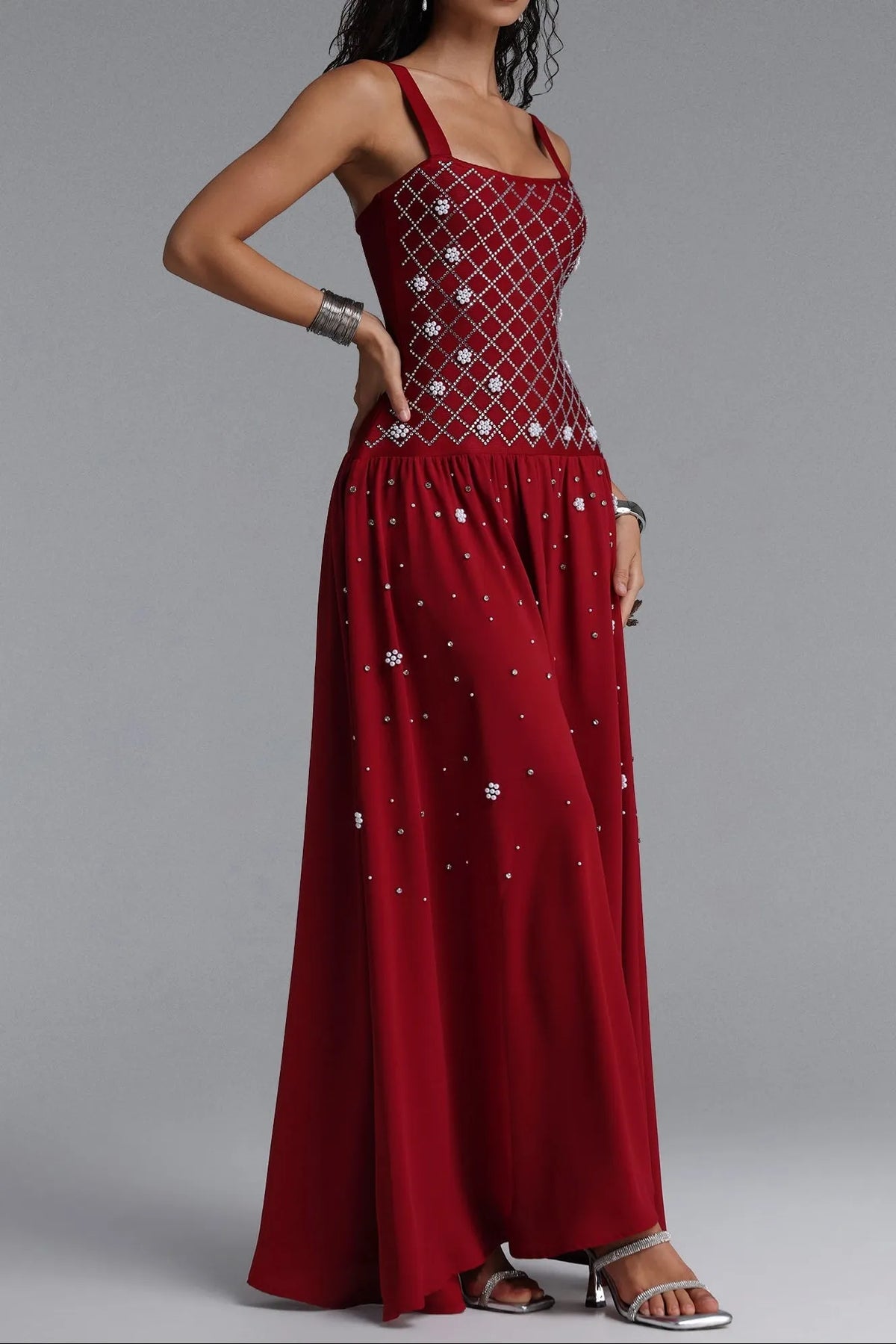 Square Strap Grid Rhinestone Pearl Flowy Maxi Dress Flowering Girl