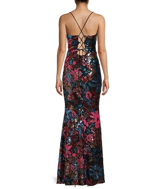 Midnight Doll Floral Sequin V-Neck Lace-Up Back Long Dress Flowering Girl