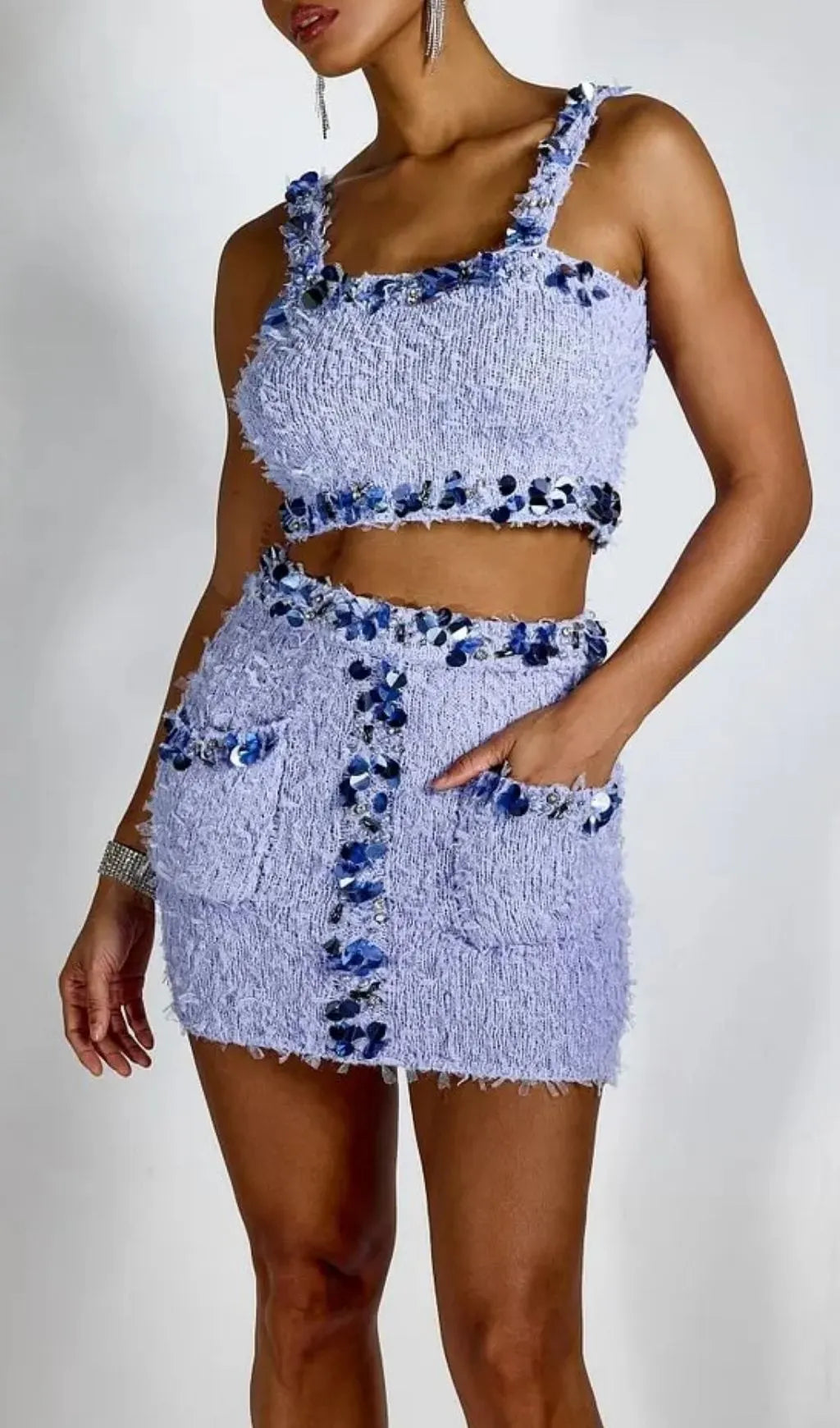 Dolores Purple Sequin Embellished Crop Top & Mini Skirt Set Flowering Girl