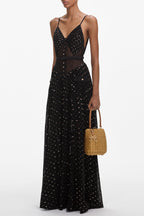 Lace Dot Belted Pleated Maxi Dress Flowering Girl