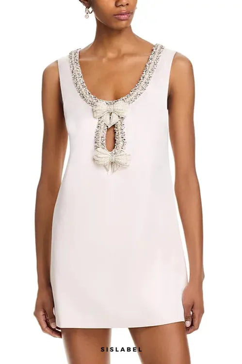 Embellished Bow Mini Dress In White Flowering Girl
