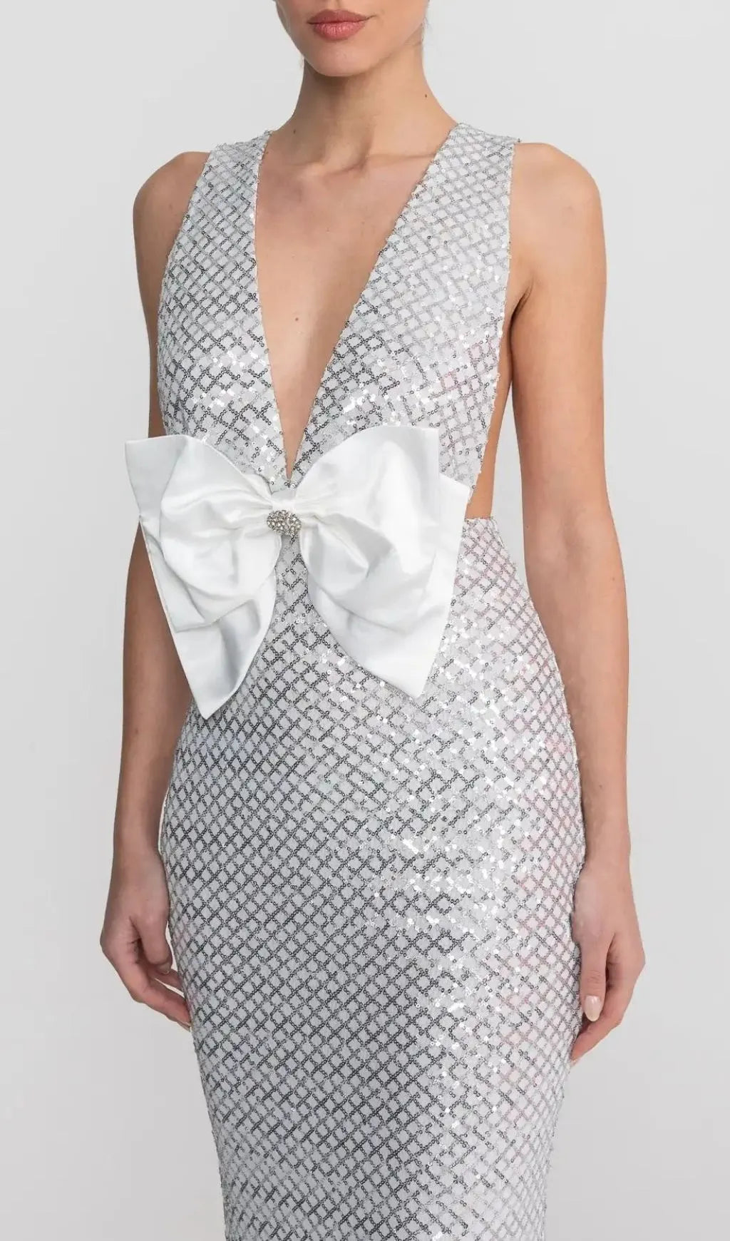 Sequin Maxi Dress With Satin Bow Detail - Light Grey Flowering Girl