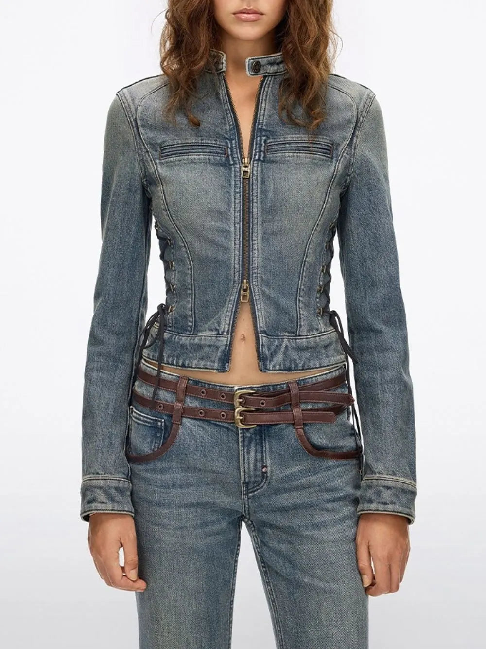 Millie Blue Lace-Up Denim Jacket Flowering Girl
