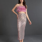 Audrey Pink Feather Top Sequin Midi Skirt Set Flowering Girl