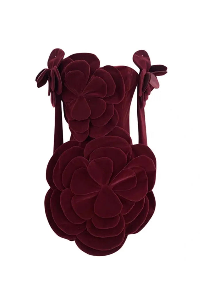 Flower-embellished Velvet Mini Dress in burgundy Flowering Girl
