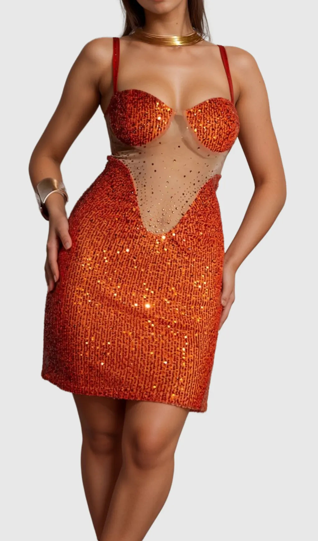 SOPHIA ORANGE SPAGHETTI SEQUIN MINI DRESS Flowering Girl
