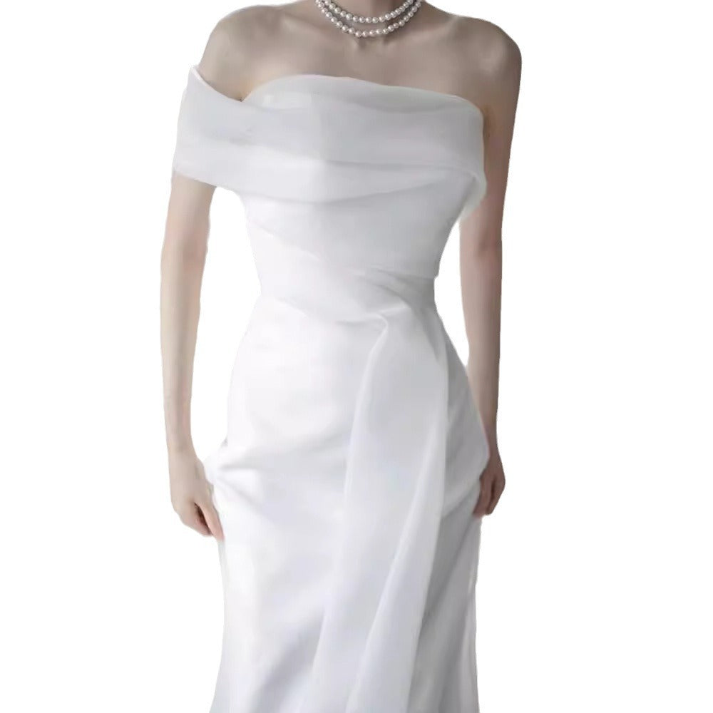 Lisa In a Simple Yet Elegant White French-Style One-Shoulder Mermaid Maxi Dress Flowering Girl