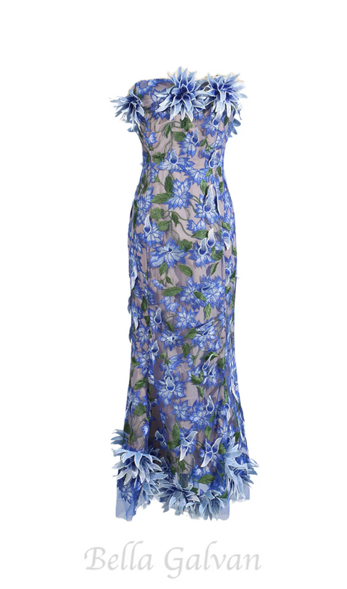 3D flower embroidery strapless midi dress in blue Flowering Girl