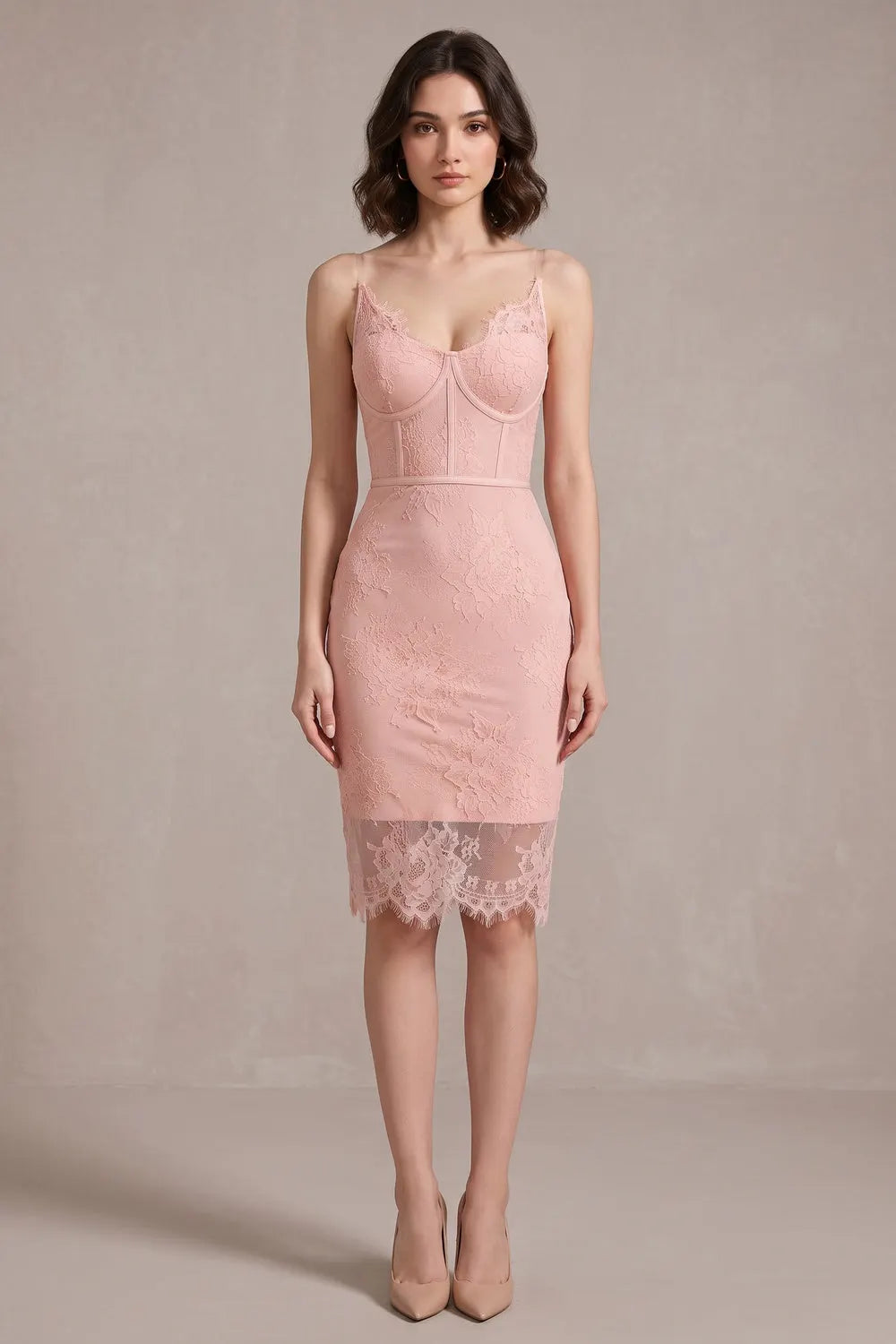 Light Pink Floral Lace Bodycon Dress Flowering Girl