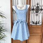 Beaded Square Neck Retro Jacquard Bow Strap Waist A-Line Mini Dress Flowering Girl