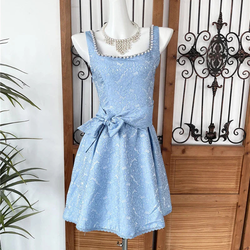Beaded Square Neck Retro Jacquard Bow Strap Waist A-Line Mini Dress Flowering Girl