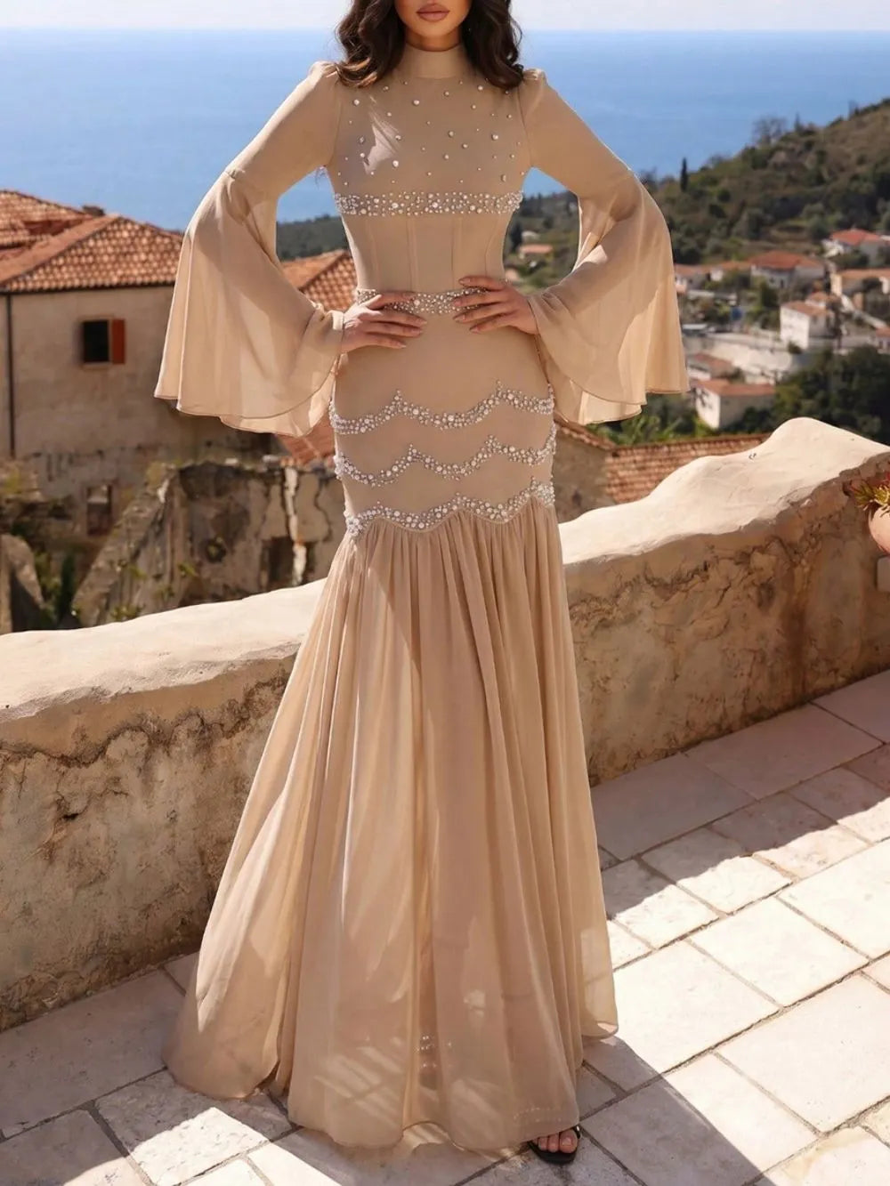 Mata Beige Beaded Long Sleeve Maxi Dress Flowering Girl