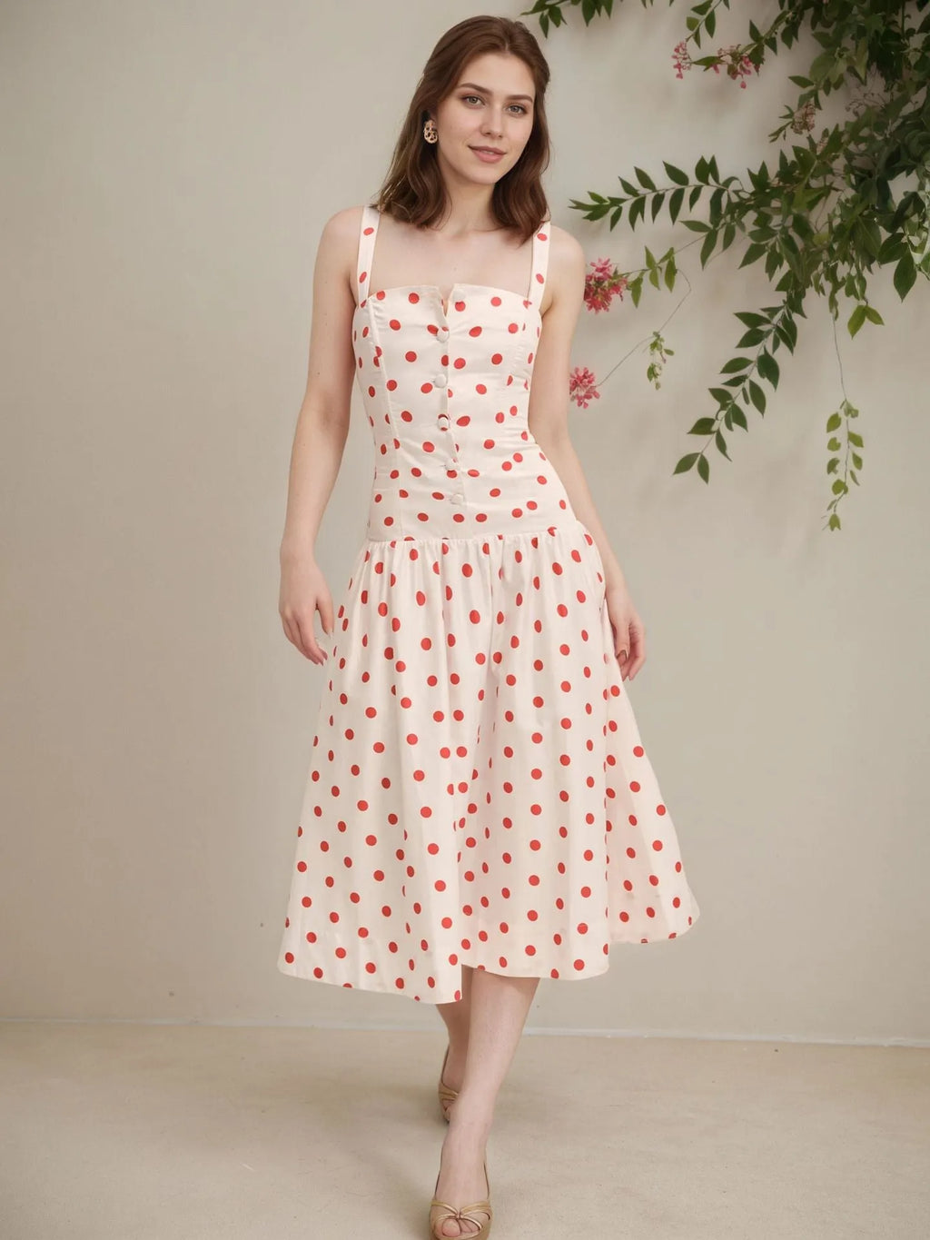 Cream Red Polka Dot Square Strap Button Front Flared Midi Dress Flowering Girl