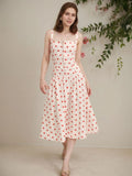 Cream Red Polka Dot Square Strap Button Front Flared Midi Dress Flowering Girl