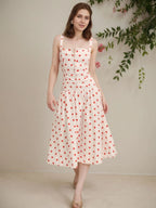 Cream Red Polka Dot Square Strap Button Front Flared Midi Dress Flowering Girl