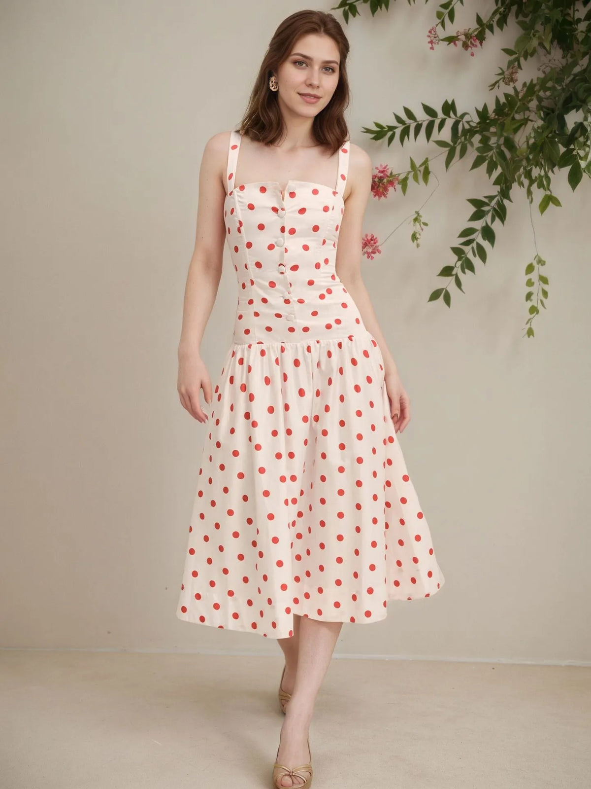 Cream Red Polka Dot Square Strap Button Front Flared Midi Dress Flowering Girl