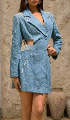 Dharinija Long Sleeve Pearl Cutout Denim Dress Flowering Girl
