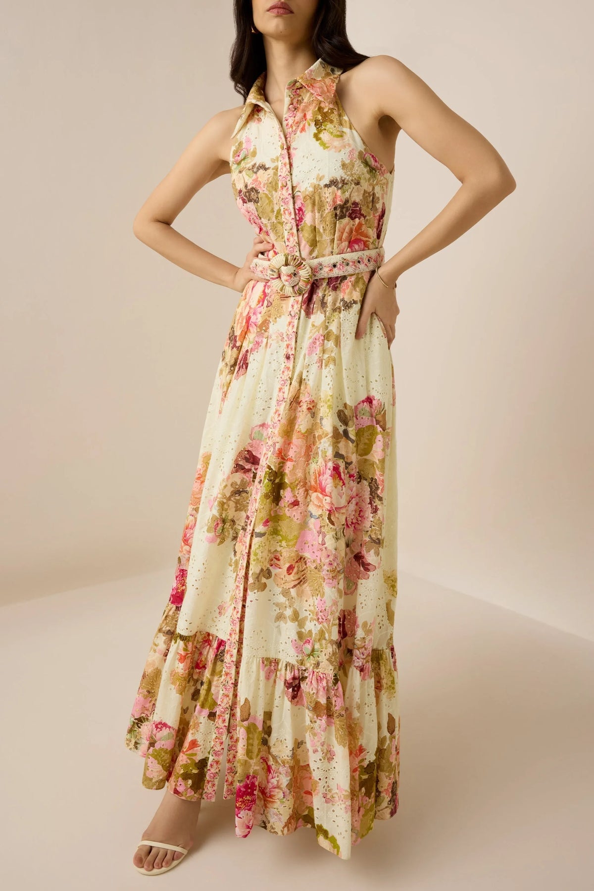 Multicolor Embroidery Print Maxi Shirt Dress Flowering Girl