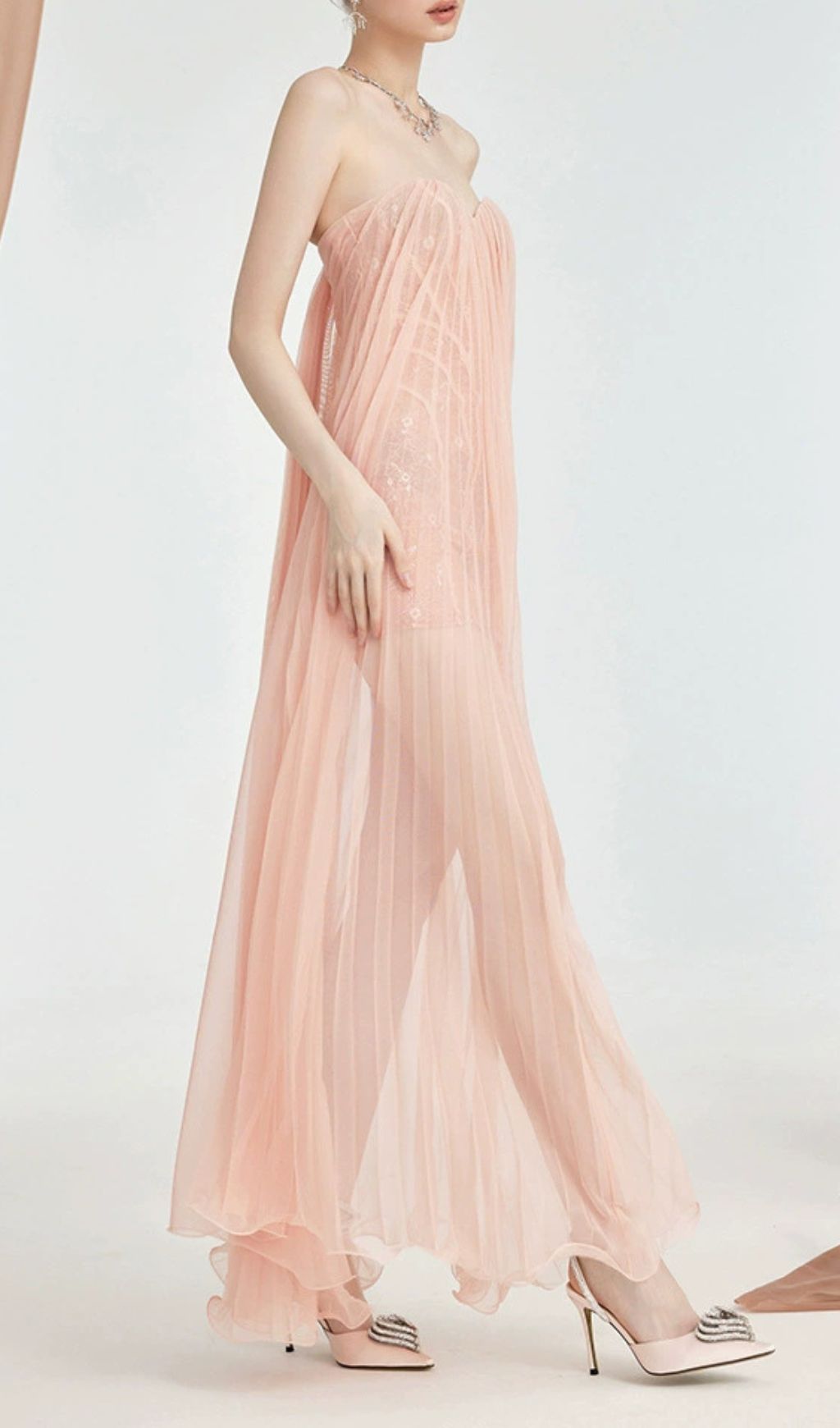 Fintan Pink Strapless Mesh Lace Maxi Dress Flowering Girl