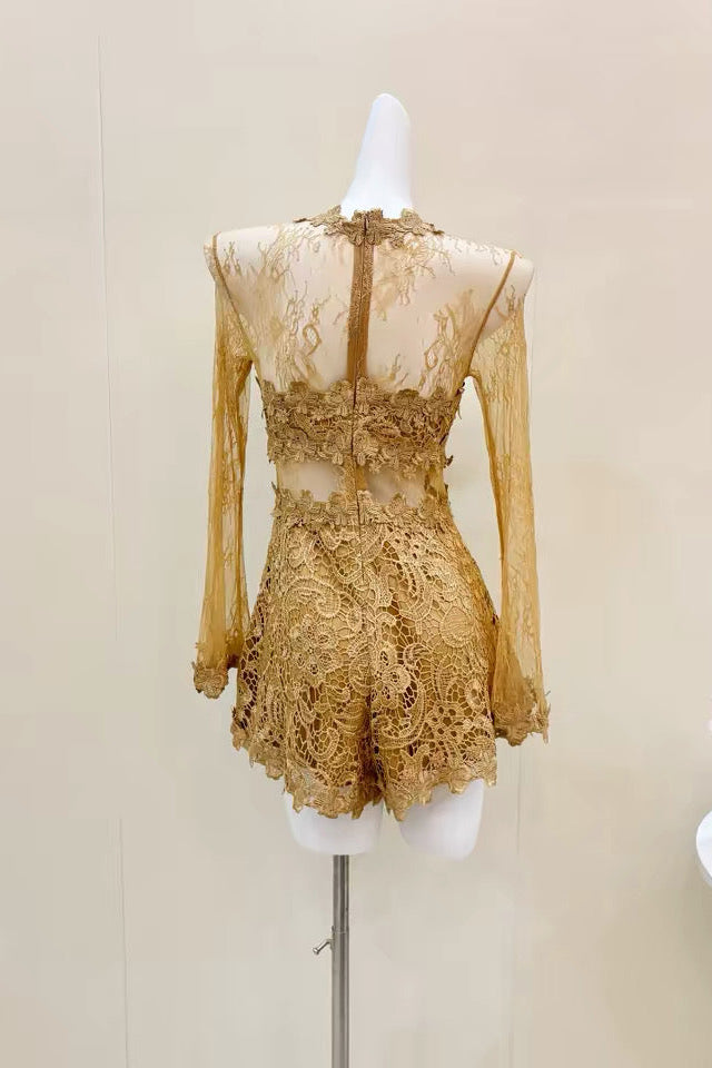 Sheer Lace Long Sleeve Skort Romper Flowering Girl